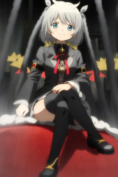 masterpiece,bast quality,official art,8K wallpaper,game cg,(tohsaka rin:0.8),1girl, solo, skirt, smile, sitting, shirt, twintails, black thighhighs, blue eyes, two side up, looking at viewer, long sleeves, hair ornament, crossed legs, collared shirt, hair ribbon, red shirt, red ribbon, black hair, closed mouth, kneehighs, white background, hairclip, full body, long hair, belt, bangs, no shoes, pleated skirt, blush,brown hair, hand on own knee, <lora:mifuyu:1>