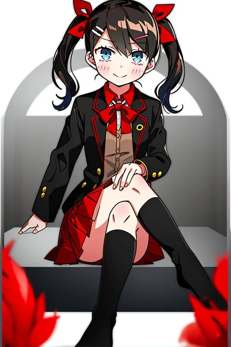 masterpiece,bast quality,official art,8K wallpaper,game cg,(tohsaka rin:0.8),1girl, solo, skirt, smile, sitting, shirt, twintails, black thighhighs, blue eyes, two side up, looking at viewer, long sleeves, hair ornament, crossed legs, collared shirt, hair ribbon, red shirt, red ribbon, black hair, closed mouth, kneehighs, white background, hairclip, full body, long hair, belt, bangs, no shoes, pleated skirt, blush,brown hair, hand on own knee
