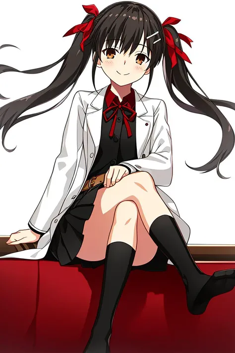 masterpiece,bast quality,official art,8K wallpaper,game cg,1girl, solo, skirt, smile, labcoat, sitting, shirt, twintails, socks, black socks, brown eyes, black skirt, ribbon, looking at viewer, long sleeves, hair ornament, crossed legs, collared shirt, hair ribbon, red shirt, red ribbon, black hair, closed mouth, kneehighs, white background, hairclip, full body, long hair, belt, bangs, no shoes, pleated skirt, blush, brown hair, hand on own knee