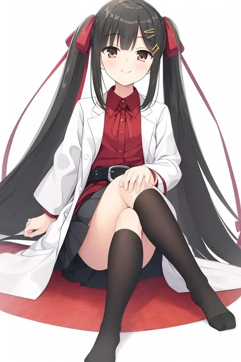masterpiece,bast quality,official art,8K wallpaper,game cg,1girl, solo, skirt, smile, labcoat, sitting, shirt, twintails, socks, black socks, brown eyes, black skirt, ribbon, looking at viewer, long sleeves, hair ornament, crossed legs, collared shirt, hair ribbon, red shirt, red ribbon, black hair, closed mouth, kneehighs, white background, hairclip, full body, long hair, belt, bangs, no shoes, pleated skirt, blush, brown hair, hand on own knee