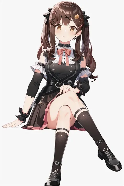 masterpiece,bast quality,official art,8K wallpaper,game cg,1girl, solo, skirt, smile, labcoat, sitting, shirt, twintails, socks, black socks, brown eyes, black skirt, ribbon, looking at viewer, long sleeves, hair ornament, crossed legs, collared shirt, hair ribbon, red shirt, red ribbon, black hair, closed mouth, kneehighs, white background, hairclip, full body, long hair, belt, bangs, no shoes, pleated skirt, blush, brown hair, hand on own knee,<lora:nana7miV2:0.7>