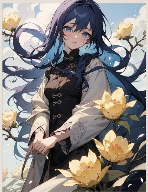 super fine illustration,masterpiece, best quality,{beautiful detailed eyes},1girl,finely detail,Depth of field, 4k wallpaper,bluesky,cumulus,wind,insanely detailed frills,extremely detailed lace,BLUE SKY,1girl,moqingxian,There are many scattered luminous petals,Hidden in the light yellow flowers,Depth of field,Many flying drops of water,Many scattered leaves,branch ,angle ,contour deepening,cinematic angle ,{{{Classic decorative border}}}, <lora:moqingxian-000016:1>, beautiful and aesthetic, intricate light, manga and anime