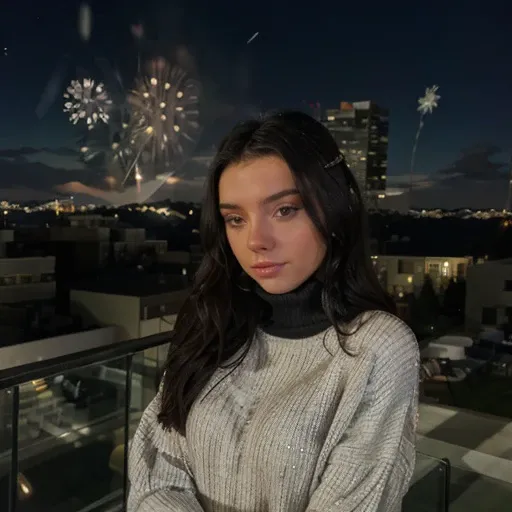 <lora:ryderm_sd15_512_128_64_v1:1>ryderm,1girl,looking at viewer, new years eve party fireworks in background, wearing a turtleneck sweater