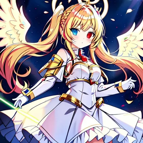 <lora:Lia_Amarin-v1:0.6>, Lia_Amarin, <lora:Angel-10:0.7>, scifi_angel, twintails, blonde hair, heterochromia:blue eyes left:red eyes right, angel wings, golden halo,