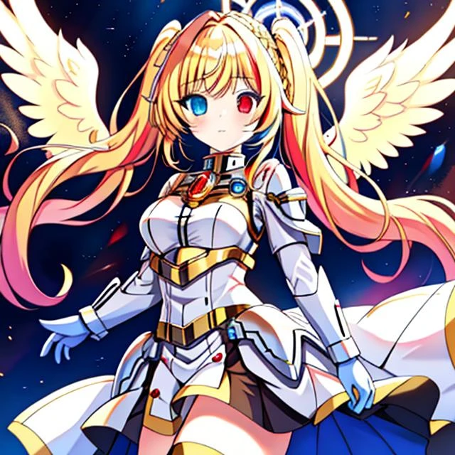 <lora:Lia_Amarin-v1:0.6>, Lia_Amarin, <lora:Angel-10:0.7>, scifi_angel, twintails, blonde hair, heterochromia:blue eyes left:red eyes right, angel wings, golden halo,