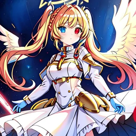 <lora:Lia_Amarin-v1:0.6>, Lia_Amarin,  <lora:Angel-10:0.7>, scifi_angel, twintails, blonde hair, heterochromia:blue eyes left:red eyes right, angel wings, golden halo,