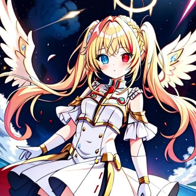 <lora:Lia_Amarin-v1:0.6>, Lia_Amarin, <lora:Angel-10:0.7>, scifi_angel, twintails, blonde hair, heterochromia:blue eyes left:red eyes right, angel wings, golden halo,