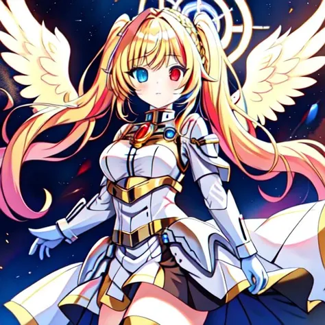 <lora:Lia_Amarin-v1:0.6>, Lia_Amarin,  <lora:Angel-10:0.7>, scifi_angel, twintails, blonde hair, heterochromia:blue eyes left:red eyes right, angel wings, golden halo,