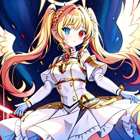 <lora:Lia_Amarin-v1:0.6>, Lia_Amarin, <lora:Angel-10:0.7>, scifi_angel, twintails, blonde hair, heterochromia:blue eyes left:red eyes right, angel wings, golden halo,
