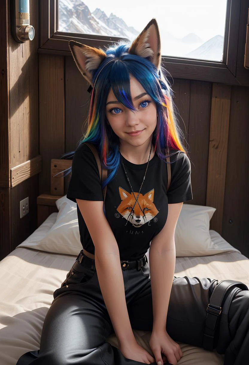 A young woman, very long rainbow hair, sapphire blue eyes, red fox ears, one ear down, one ear up, little smile, head tilted slightly to the side, a black t-shirt with steampunk designs, straps connecting the shirt at the pants, wide black pants, sitting in bed, in a mountain chalet, wide angle, sketched art,