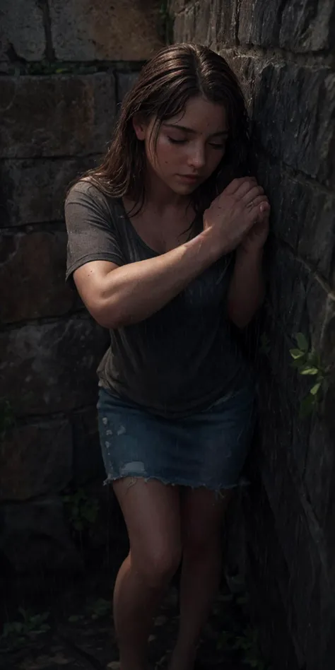 <lora:add_detail:0.7>, HDR photo of, (dark night, minimal light, moody, deep shadows:1.1), (full body shot), <lora:real_skin:0.6>, a gorgeous sensual woman, eyes closed, leaning up against a stone wall, (torn t-shirt:1.2), torn shirt, torn clothes, her skin and hair are soaking wet, (soaking wet clothes), (heavy water flowing down the wall:1.3), (heavy rain:1.4), (rain),
high dynamic range, vivid, rich details, clear shadows and highlights, realistic, intense, enhanced contrast, highly detailed, <lora:LowRa:0.4>,