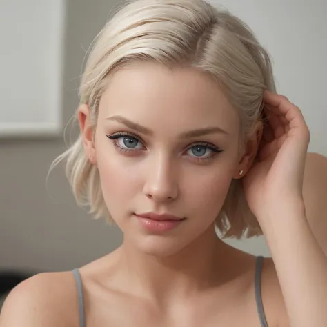 close shot,lifelike,1girl,25 years old,fit,eyeliner,strand of hair out of place,slightly amused,realistic skin details,little skin imperfections,realistic lighting,dynamic pose,pin-up, Camisole,platinum blonde wave cut,hand on earlobe,detailed face,detailed blue-grey eyes,in a cozy livingroom