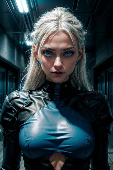 (An icy face with blue eyes), gothic futurism, dark matter art, ultra hd, transcendent nature, white hair, (half body shot), ice, metal hallway, water, earrings, brilliant blue eyes, zero gravity, floating ice, floating water, 
dramatic and cinematic light, professionally color graded, (large breats), black leather, <lora:more_details:0.6>, <lora:add_detail:0.6>, lighting flare,