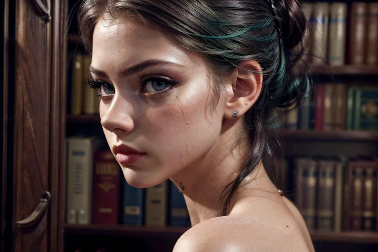 perfecteyes eyes,,skin, (large breast:0.6), Straight Hair, Green Hair, Sports Bra, Tattoos and Piercings, Platform Shoes, (Eyes surprised),(Mouth pouting), (NSFW), high-quality, sharp, highly detailed, score_9, remarkable color, ultra realistic, highly realistic, realistic, masterpiece, absurdres, intricate, highly detailed, detailed, high quality, best quality, highres, reality, dimly lit, night, dusk, evening, dark, dreary, 8k, cinematic lighting, volumetric lighting, detailed hair, perfect eyes, perfect face, ((from side)),