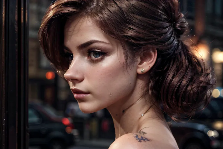 perfecteyes eyes,,skin, (Medium breast:1.2), Bouffant, Brown Hair, Plunge Neckline Top, Tattoos, Boots, (Eyes seductive),(Mouth annoyed), (NSFW), high-quality, sharp, highly detailed, score_9, remarkable color, ultra realistic, highly realistic, realistic, masterpiece, absurdres, intricate, highly detailed, detailed, high quality, best quality, highres, reality, dimly lit, night, dusk, evening, dark, dreary, 8k, cinematic lighting, volumetric lighting, detailed hair, perfect eyes, perfect face, ((from side)),