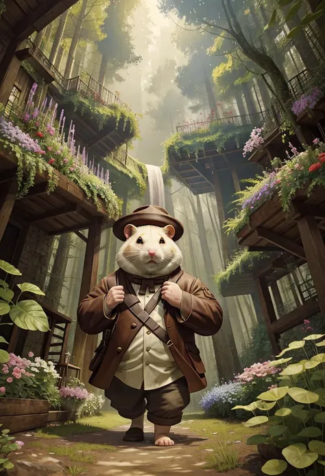 Figure chubby Dzungarian hamster in an adventurer's hat, Seeing plants and flowers from the ground, view from below, atmospheric dreamscape painting, dream scenery art, highly detailed visionary art, cgi style, vibrant oil painting, splash art, Cozy mystery, masterpiece 8k wallpapper, neoplasticism, Unreal Engine, dramatic lighting,