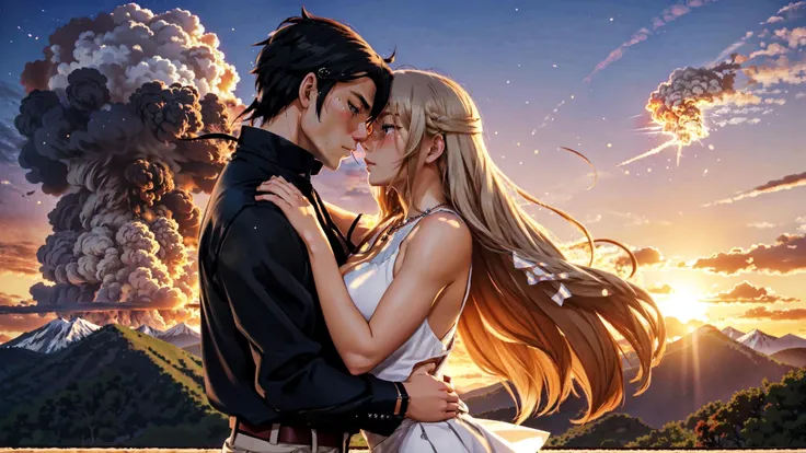 anime style, drawn, japanese_animation, lineart, anime, drawn, 2d, 
Sunset, 1mountain, ((nuclear explosion)), 
world disappearing, man and woman separated reaching for one another., 
1man, 1woman, couple, 
man<sad face, black shirt, black pants, silver watch, silver necklace, black hair, muscular:0.6>., 
woman<sad face, (large breasts), long blonde hair, tears,red top, large ass, bare shoulders, white skirt, sword>., perfectly drawn face, perfect face, detailed face, detailed glossy eyes, 
<lora:kindred_spirits.v3-000007:0.6>, perfect hands,