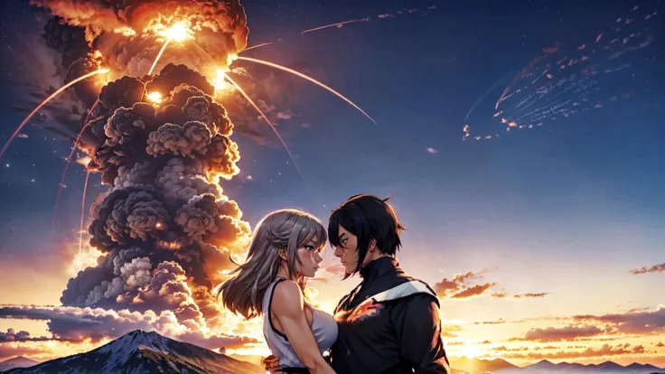 anime style, drawn, japanese_animation, lineart, anime, drawn, 2d,
Sunset, 1mountain, ((nuclear explosion)),
world disappearing, man and woman separated reaching for one another.,
1man, 1woman, couple,
man<sad face, black shirt, black pants, silver watch, silver necklace, black hair, muscular:0.6>.,
woman<sad face, (large breasts), long blonde hair, tears,red top, large ass, bare shoulders, white skirt, sword>., perfectly drawn face, perfect face, detailed face, detailed glossy eyes,
<lora:kindred_spirits.v3-000007:0.6>, perfect hands,