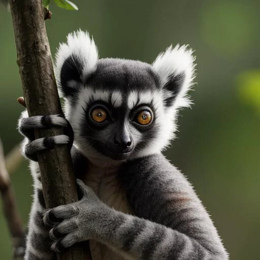 a cute dwarf lemur, furry and fluffy, large expressive eyes, intricate facial features, detailed fur textures, sitting on a tree branch, natural forest environment, warm soft lighting, highly detailed, photorealistic, 8k, cinematic composition, vibrant colors