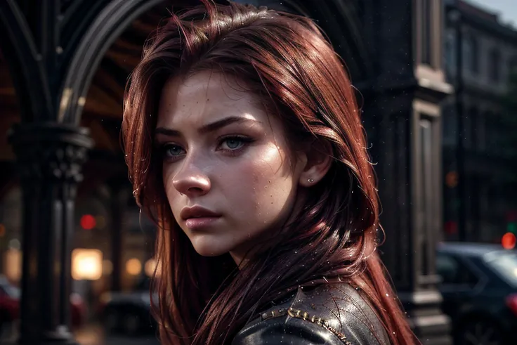 perfecteyes eyes,,skin, (Medium breast), Long Hair, Red Hair, wet clothes, Piercings, Half Calf Heels, (Eyes squinting),(Mouth irritated), ((SFW)), high-quality, sharp, highly detailed, score_9, remarkable color, ultra realistic, highly realistic, realistic, masterpiece, absurdres, intricate, highly detailed, detailed, high quality, best quality, highres, reality, dimly lit, night, dusk, evening, dark, dreary, 8k, cinematic lighting, volumetric lighting, detailed hair, perfect eyes, perfect face, ((from side)),