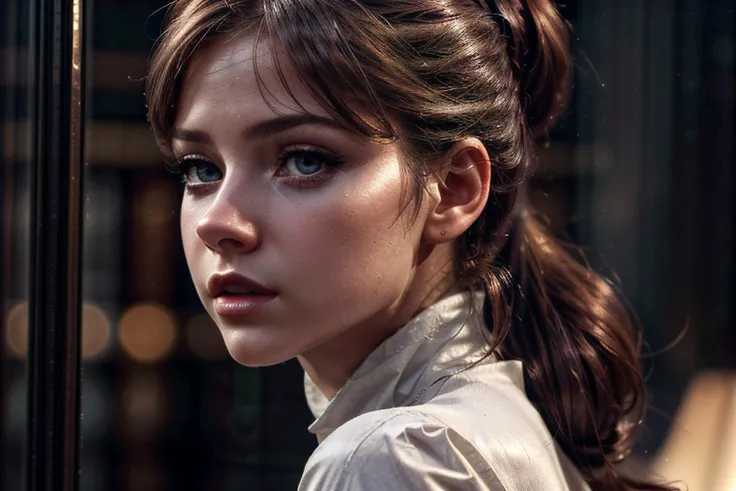perfecteyes eyes,,skin, (medium breast:0.8), Ponytail, Brown Hair, Wrap Dress, HourGlass-Shaped, Thigh-Highs, (Eyes seething),(Mouth seductive), ((SFW)), high-quality, sharp, highly detailed, score_9, remarkable color, ultra realistic, highly realistic, realistic, masterpiece, absurdres, intricate, highly detailed, detailed, high quality, best quality, highres, reality, dimly lit, night, dusk, evening, dark, dreary, 8k, cinematic lighting, volumetric lighting, detailed hair, perfect eyes, perfect face, ((from side)),