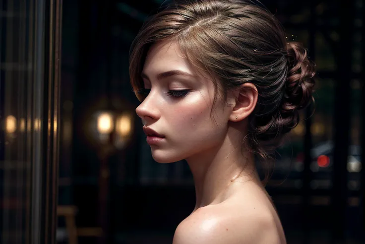 perfecteyes eyes,,skin, Bob, Brown Hair, Shorts, Thin, Platform Shoes, (Eyes closed),(Mouth resting), (Nude), high-quality, sharp, highly detailed, score_9, remarkable color, ultra realistic, highly realistic, realistic, masterpiece, absurdres, intricate, highly detailed, detailed, high quality, best quality, highres, reality, dimly lit, night, dusk, evening, dark, dreary, 8k, cinematic lighting, volumetric lighting, detailed hair, perfect eyes, perfect face, ((from side)),