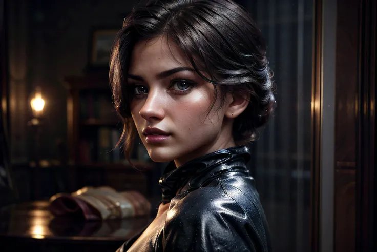 perfecteyes eyes,,skin, (large breast:1.2), silk hair, Black Hair, Wrap Dress, Tanned, Boots, (Eyes annoyed),(Mouth sneering), (NSFW), high-quality, sharp, highly detailed, score_9, remarkable color, ultra realistic, highly realistic, realistic, masterpiece, absurdres, intricate, highly detailed, detailed, high quality, best quality, highres, reality, dimly lit, night, dusk, evening, dark, dreary, 8k, cinematic lighting, volumetric lighting, detailed hair, perfect eyes, perfect face, ((from side)),