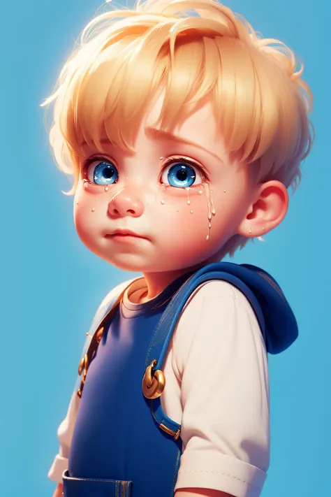 masterpiece, best quality, a sad blonde little boy wearing blue outfit crying with tears, blue background