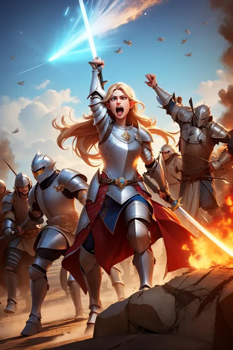 masterpiece,best quality,Angry, Elven, Female, Knight, Armor, Battlefield, Screaming, Battlecry, Warrior, Sword, Shield, Combat, Conflict, Rage, Fury, Intense, Powerful, Fierce, Determined, Resolute, Fearless, Aggressive, Tenacious, Commanding, Dominant, Ferocious, Unyielding, Battle-hardened, Skilled, Victorious, Heroic, Daring, Courageous, Valiant, Formidable, Ruthless, Unstoppable, Defiant, Unrelenting.