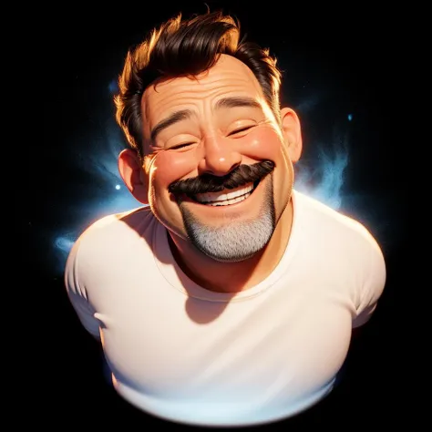 masterpiece, best quality,a middle age man with a mustache and a white shirt is laughing , eye closed, black background