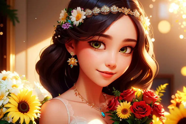 masterpiece, high quality best quality,close up,multiple girls, , bouquet, braid, breasts, brown_eyes, christmas_tree,daisy, depth_of_field, dress, earrings, flower, focused, hair_ornament, head_wreath, holding, holding_bouquet, jewelry, lens_flare, lips, long_hair, looking_at_viewer, medium_breasts, motion_blur, necklace, photo_\(medium\), rose, upper_body, white_flower, yellow_flower, yellow_rose