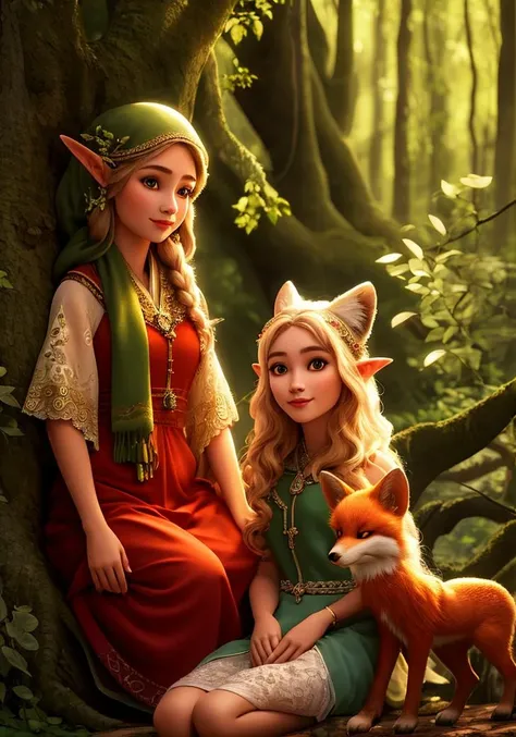 UHD, 8k, ultra detailed, a photograph of a beautiful elven woman sitting with her adorable fox friend, forest