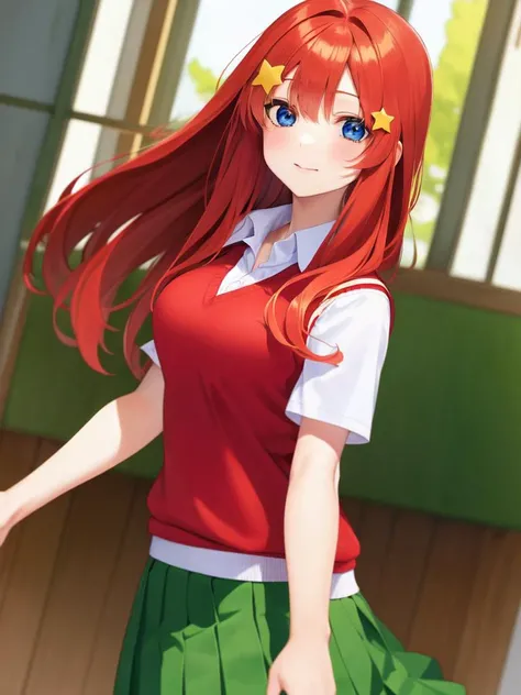 masterpiece, best quality, high resolution, 1girl, solo, nakano itsuki,(beautiful detailed eyes:1.2), star hair ornament, long hair, red hair, blue eyes, ahoge, looking at viewer, medium breasts, cleavage, hair between eyes, school uniform,green skirt,  (pleated skirt:1.2),shirt, white shirt, (red sweater vest:1.2), school room,<lora:NakanoItsukiLocon_v10:0.6>