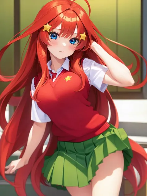 masterpiece, best quality, high resolution, 1girl, solo, nakano itsuki,(beautiful detailed eyes:1.2), star hair ornament, long hair, red hair, blue eyes, ahoge, looking at viewer, medium breasts, cleavage, hair between eyes, school uniform, green skirt,  (pleated skirt:1.1),shirt, white shirt, (red sweater vest:1.2), school room,<lora:NakanoItsukiLocon_v10:0.6>