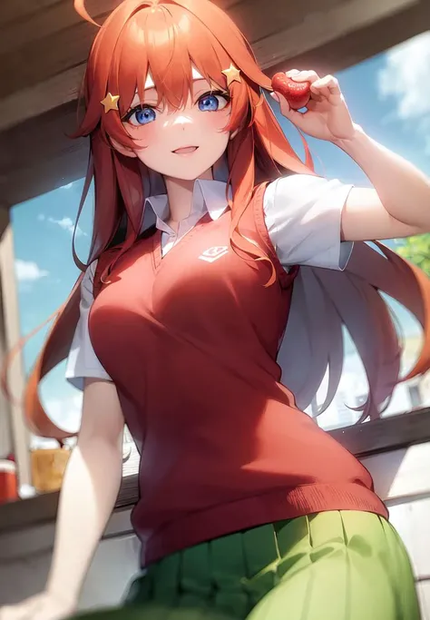 <lora:NakanoItsukiLocon_v10:0.5>, (masterpiece:1.2), best quality, high resolution, unity 8k wallpaper, (illustration:1.0), (beautiful detailed eyes:1.6), extremely detailed face, perfect lighting, extremely detailed CG, (perfect hands,perfect anatomy), (dynamic angle and pose:1.3), nice angle, (1girl, solo:1.5), BREAK nakano itsuki, skirt, star hair ornament, long hair, (green skirt:1.2), red hair, (pleated skirt:1.2), blue eyes, ahoge, shirt, white shirt, (red sweater vest:1.6), looking at viewer, school uniform, bangs, collared shirt, sleeves, breasts, kneehighs, sweater vest, miniskirt, shiny hair, hair between eyes, shiny, wing collar, breasts,, BREAK holding food, eating, +_+, smile, happy,BREAK market stall, outdoor,