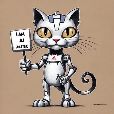 drawix5 drawing cyborg cat holding a sign saying "I am master AI " <lora:drawix5:1>