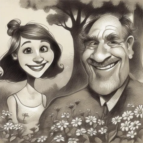 drawix5 drawing lovers, cheerful woman and man in the garden <lora:drawix5:1>