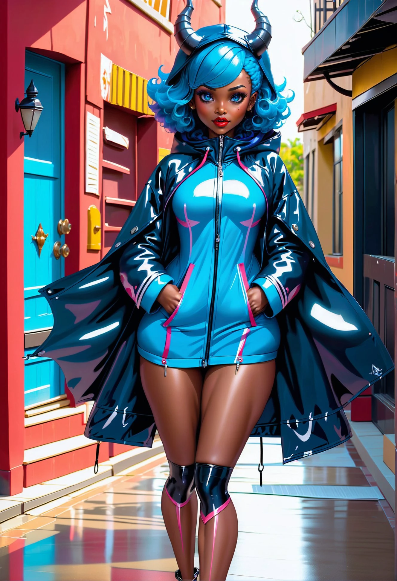 1girl, (soft molasses fetish model devil:1.3), full body, blue hair, swept bangs, lipstick, (blush:1.3), , , shawl, wide hips, athletic perfect hourglass figure,(muscular:0.6), skindentation, (raincoat:1.2) [:revealing costume design:0.2], (african, dark skin:0.6)
