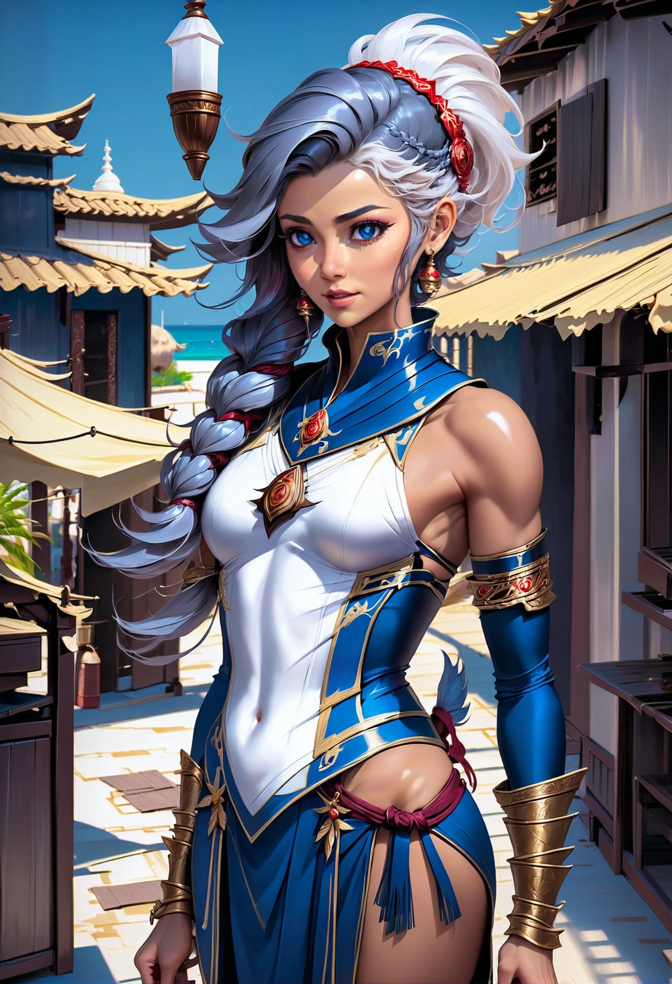 rough digital painting, (full body:1.2), 1boy, man, masculine, solo, [:formal costume design,:0.2] ninja, , albino, white hair, (average:1) build, simple background, rpg character concept art, at a  skyport, bombshell hair, dark blue-grey hair, Gypsy Shag Cut, indian style