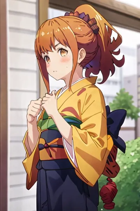 best quality, masterpiece, highres, solo, {yukata:1.40}, {kimono:1.20}, {jinno_megumi_eromangasensei:1.15}, blush, brown_hair, ponytail, brown_eyes, orange_hair, sidelocks, scrunchie, hair_ornament