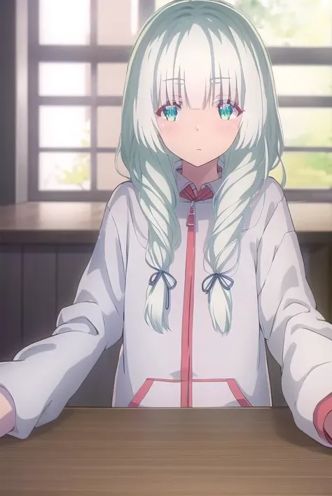 koharuootori, <lora:koharu ootori s1-lora-nochekaiser:1>,
koharu ootori, long hair, bangs, (green eyes:1.3), hair ribbon, braid, white hair, blue ribbon, hair over shoulder,
BREAK shirt, long sleeves, white shirt, collared shirt, hood, sleeves past wrists, hoodie, yellow jacket,
BREAK indoors, classroom,
BREAK looking at viewer,
BREAK <lyco:GoodHands-beta2:1>, (masterpiece:1.2), best quality, high resolution, unity 8k wallpaper, (illustration:0.8), (beautiful detailed eyes:1.6), extremely detailed face, perfect lighting, extremely detailed CG, (perfect hands, perfect anatomy),