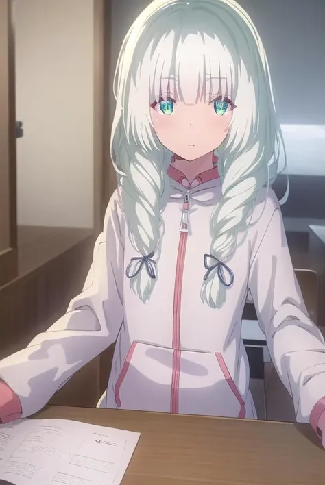 koharuootori, <lora:koharu ootori s1-lora-nochekaiser:1>,
koharu ootori, long hair, bangs, (green eyes:1.3), hair ribbon, braid, white hair, blue ribbon, hair over shoulder,
BREAK shirt, long sleeves, white shirt, collared shirt, hood, sleeves past wrists, hoodie, yellow jacket,
BREAK indoors, classroom,
BREAK looking at viewer,
BREAK <lyco:GoodHands-beta2:1>, (masterpiece:1.2), best quality, high resolution, unity 8k wallpaper, (illustration:0.8), (beautiful detailed eyes:1.6), extremely detailed face, perfect lighting, extremely detailed CG, (perfect hands, perfect anatomy),