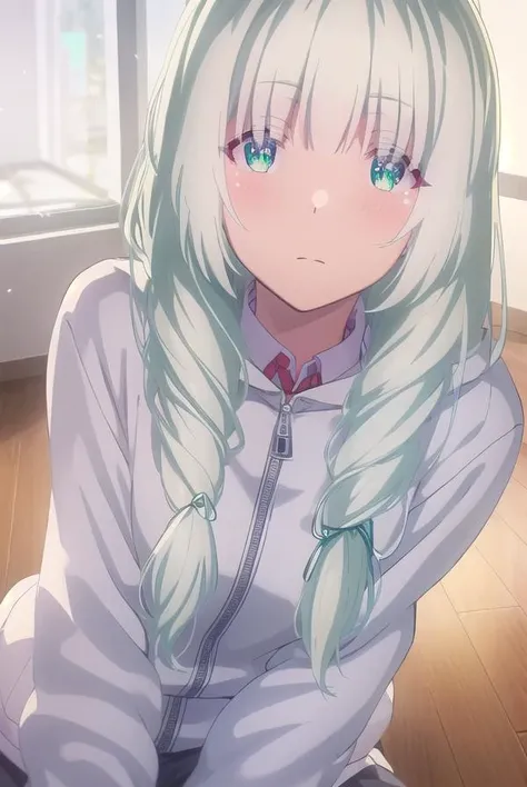 koharuootori, <lora:koharu ootori s1-lora-nochekaiser:1>,
koharu ootori, long hair, bangs, (green eyes:1.3), hair ribbon, braid, white hair, blue ribbon, hair over shoulder,
BREAK shirt, long sleeves, white shirt, collared shirt, hood, sleeves past wrists, hoodie, yellow jacket,
BREAK indoors, classroom,
BREAK looking at viewer,
BREAK <lyco:GoodHands-beta2:1>, (masterpiece:1.2), best quality, high resolution, unity 8k wallpaper, (illustration:0.8), (beautiful detailed eyes:1.6), extremely detailed face, perfect lighting, extremely detailed CG, (perfect hands, perfect anatomy),