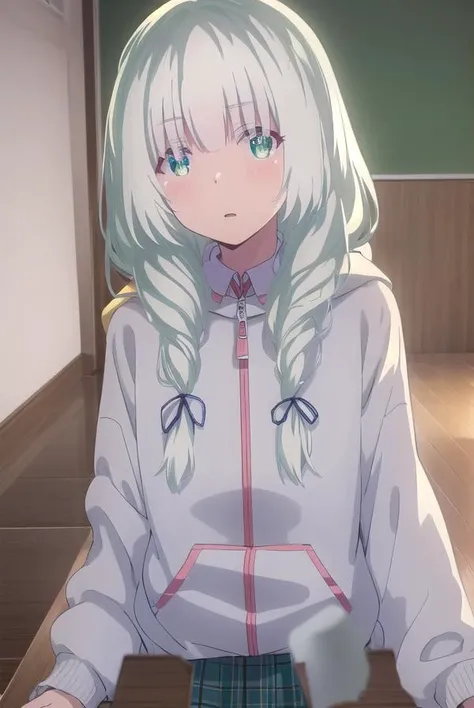 koharuootori, <lora:koharu ootori s1-lora-nochekaiser:1>,
koharu ootori, long hair, bangs, (green eyes:1.3), hair ribbon, braid, white hair, blue ribbon, hair over shoulder,
BREAK shirt, long sleeves, white shirt, collared shirt, hood, sleeves past wrists, hoodie, yellow jacket,
BREAK indoors, classroom,
BREAK looking at viewer,
BREAK <lyco:GoodHands-beta2:1>, (masterpiece:1.2), best quality, high resolution, unity 8k wallpaper, (illustration:0.8), (beautiful detailed eyes:1.6), extremely detailed face, perfect lighting, extremely detailed CG, (perfect hands, perfect anatomy),