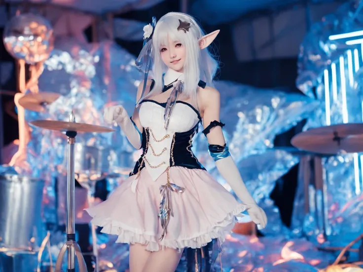lili, 1girl, solo, long hair, looking at viewer, smile, skirt, hair ornament, thighhighs, gloves, dress, bare shoulders, brown eyes, standing, white hair, boots, pointy ears, elbow gloves, detached collar, white footwear, elf, instrument, drum, <lora:lili-000008:1>