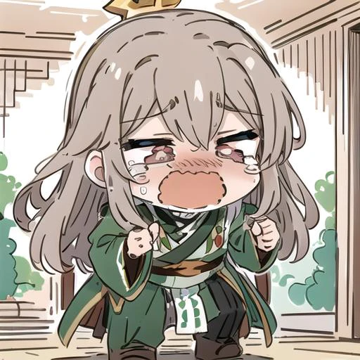 1boy, <lora:ShenTafeiV2:0.8>, light brown hair, green clothes, <lora:SesieldCry:0.8> IncrsSesCry, chibi, crying