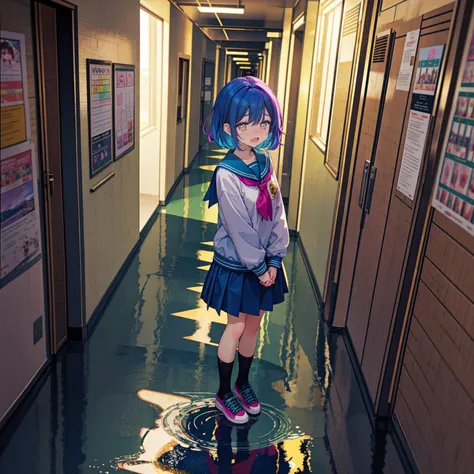 anime girl standing in a hallway with a puddle of water