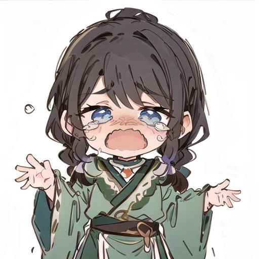 1boy, <lora:HuJia2:0.8> dark blue eyes, brown hair, braids, asymmetrical bangs, bunch top of head, green clothes, <lora:SesieldCry:0.8> IncrsSesCry, chibi, crying