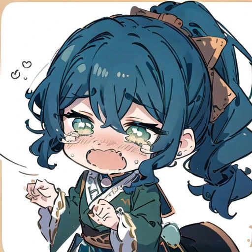 1boy, <lora:mei-lan:0.8>, green eyes, dark blue hair, curly hair, ponytail,, green clothes, <lora:SesieldCry:0.8> IncrsSesCry, chibi, crying