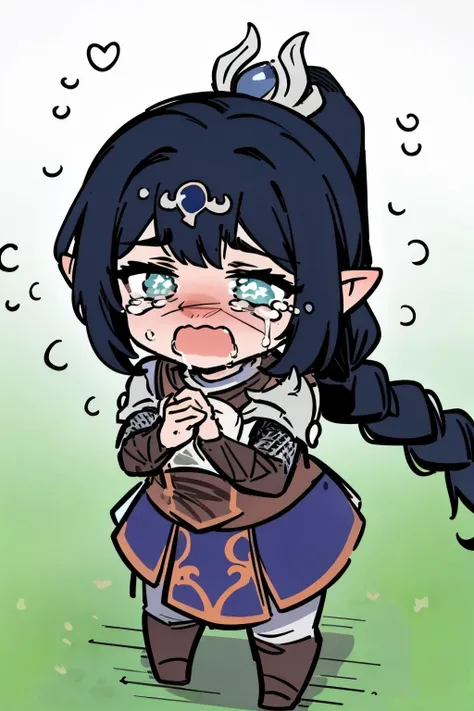 masterpiece, best quality, <lora:SesieldCry:0.9> IncrsSesCry, chibi, crying, <lora:shadowheart:0.9> shadowheart, pointy ears, braid, ponytail, hair ornament, scar, bangs, armor, shoulder armor, breastplate, pauldrons, abstract, abstract background, from above,